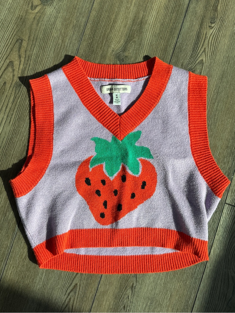 Urban Outfitters Lavender Knit Strawberry Sweater Vest with Orange Trim